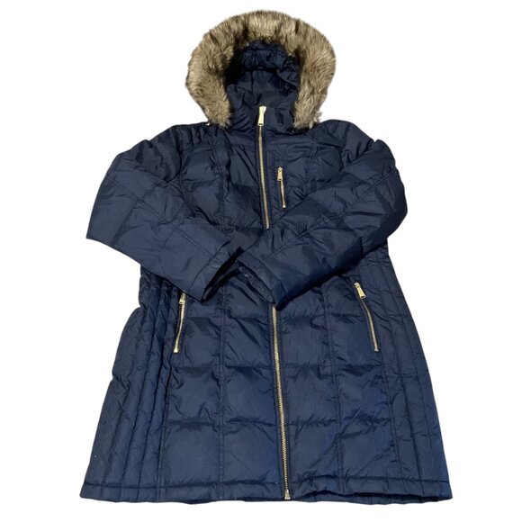 Michael Kors ,Navy Blue Hooded Puffer Jacket With Faux Fur Trimmed Hood & Gold Z - Picture 12 of 12